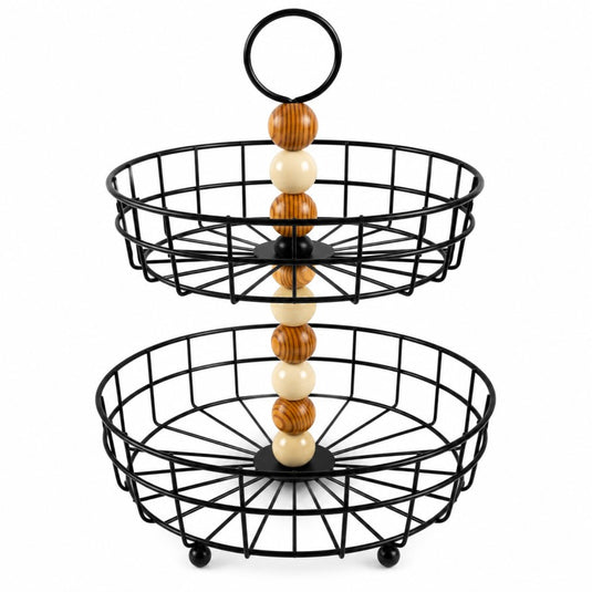2-Tier Metal Fruit & Serving Basket with Wooden Beads