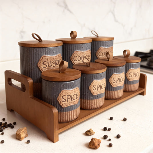 Spice Jar Set with Wooden Rack – 7 Pieces