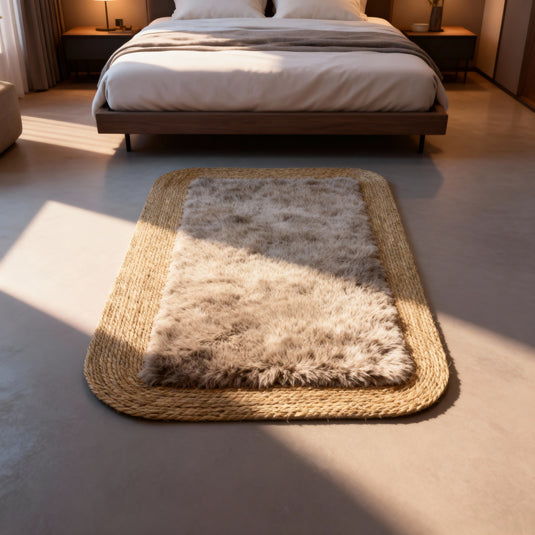Boho Woven Jute & Faux Fur Area Rectangle Rug - 100x70