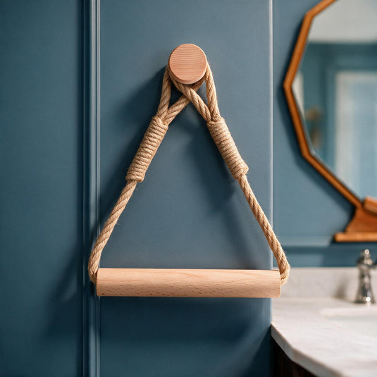 Boho Jute Rope Towel Holder with Wooden Bar – No Drill