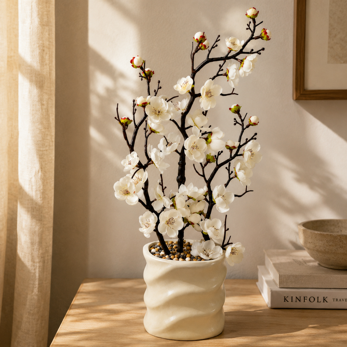 Artificial White Cherry Blossom Plant with Square Pot
