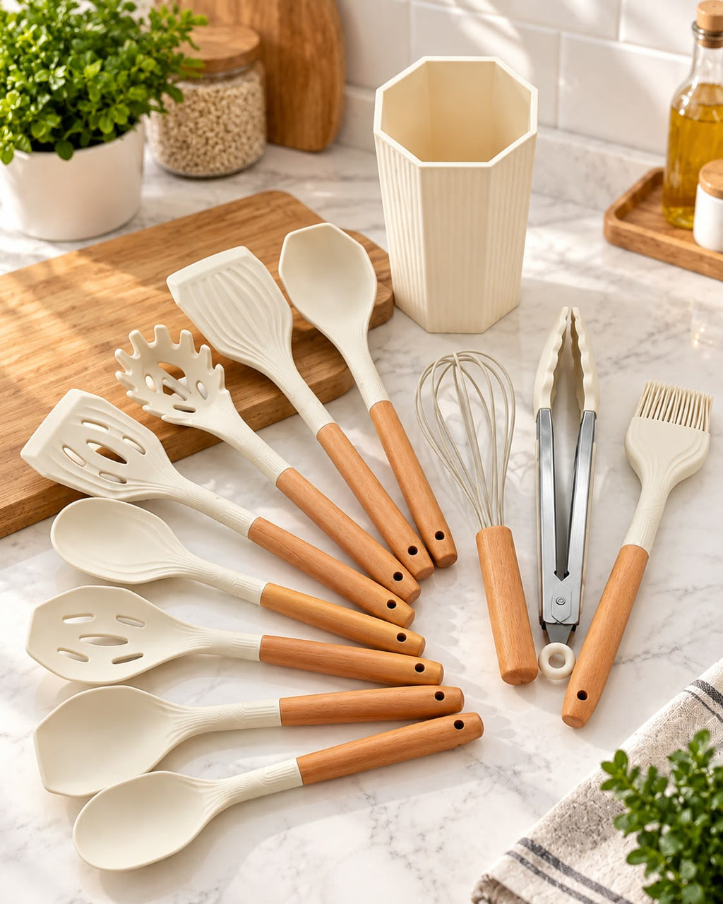 12-piece silicone kitchen utensil set with wooden handles