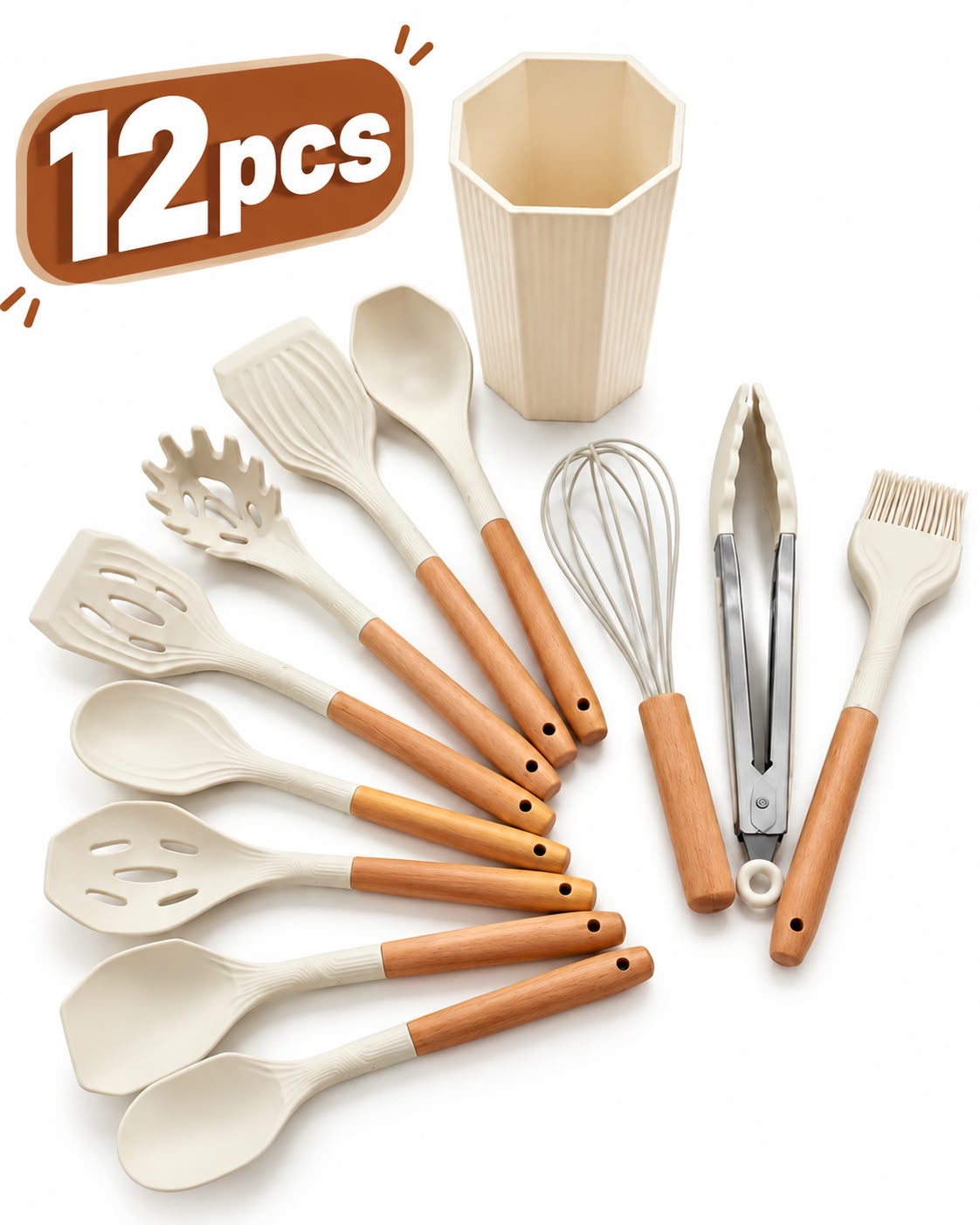 12-piece silicone kitchen utensil set on white background