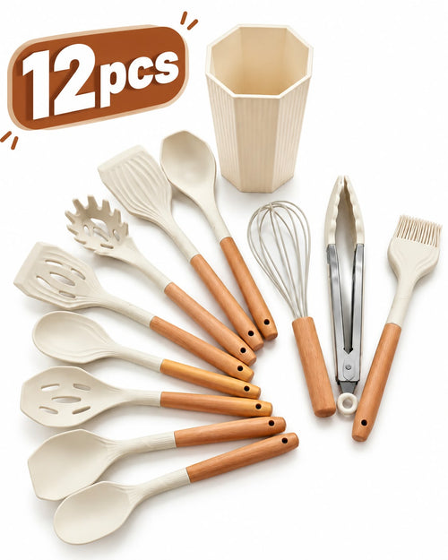 12-piece silicone kitchen utensil set on white background