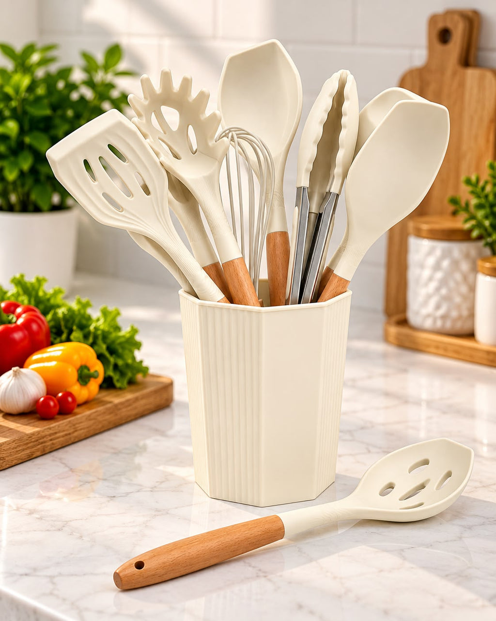 12-piece silicone kitchen utensil set in utensil holder