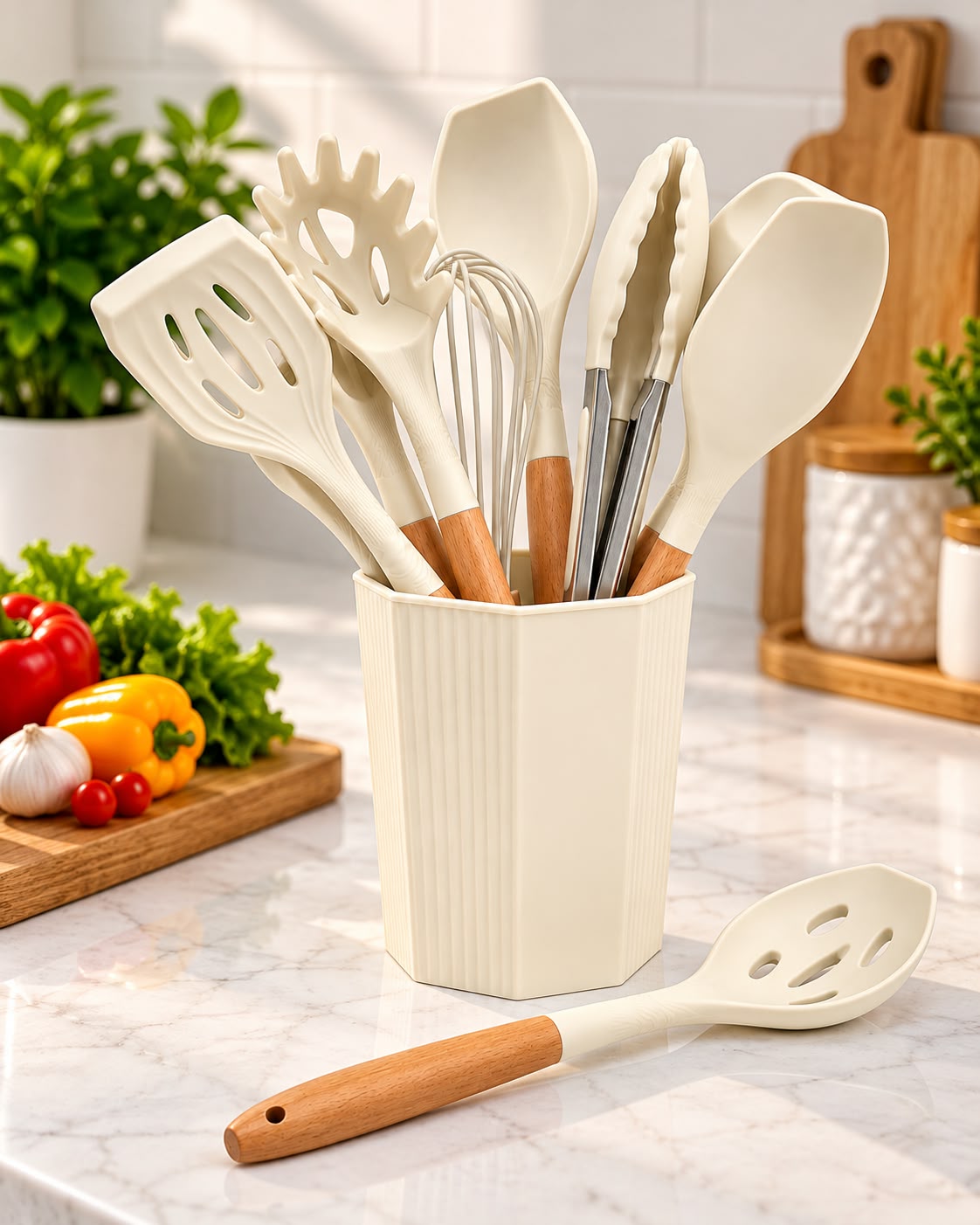 12-piece silicone kitchen utensil set in utensil holder