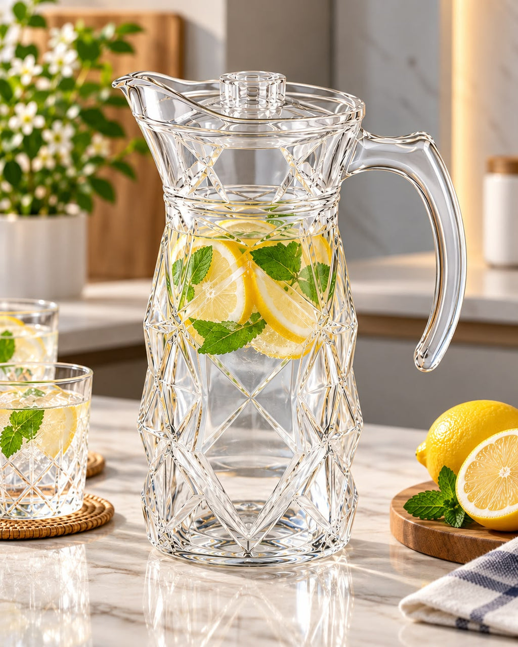 1800ml clear crystal-style water pitcher serving lemon water