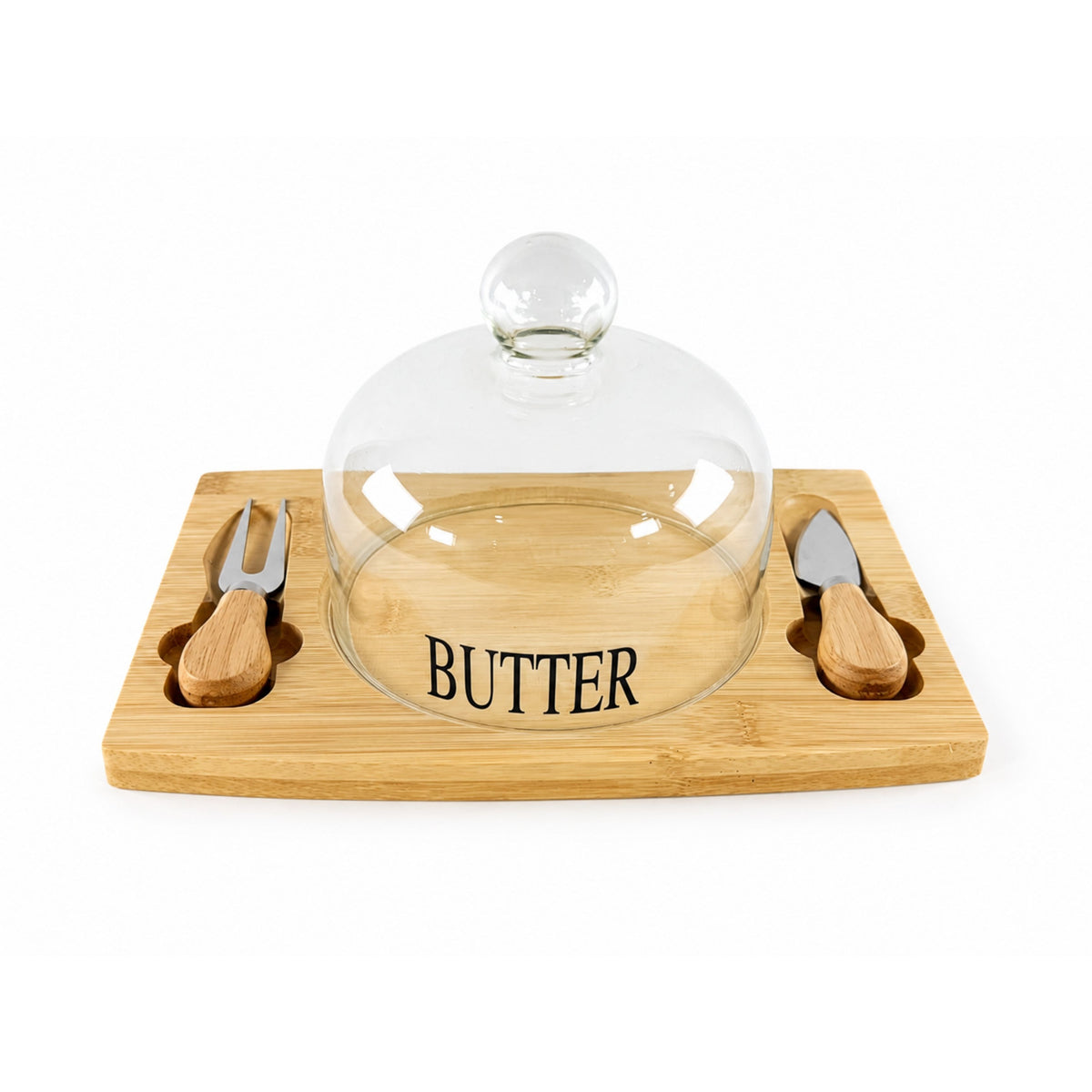 Round Bamboo Butter Dish with Glass Dome & 2 Serving Utensils