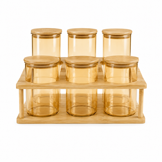 Amber Glass Spice Jar Set with Wooden Rack 6-Piece