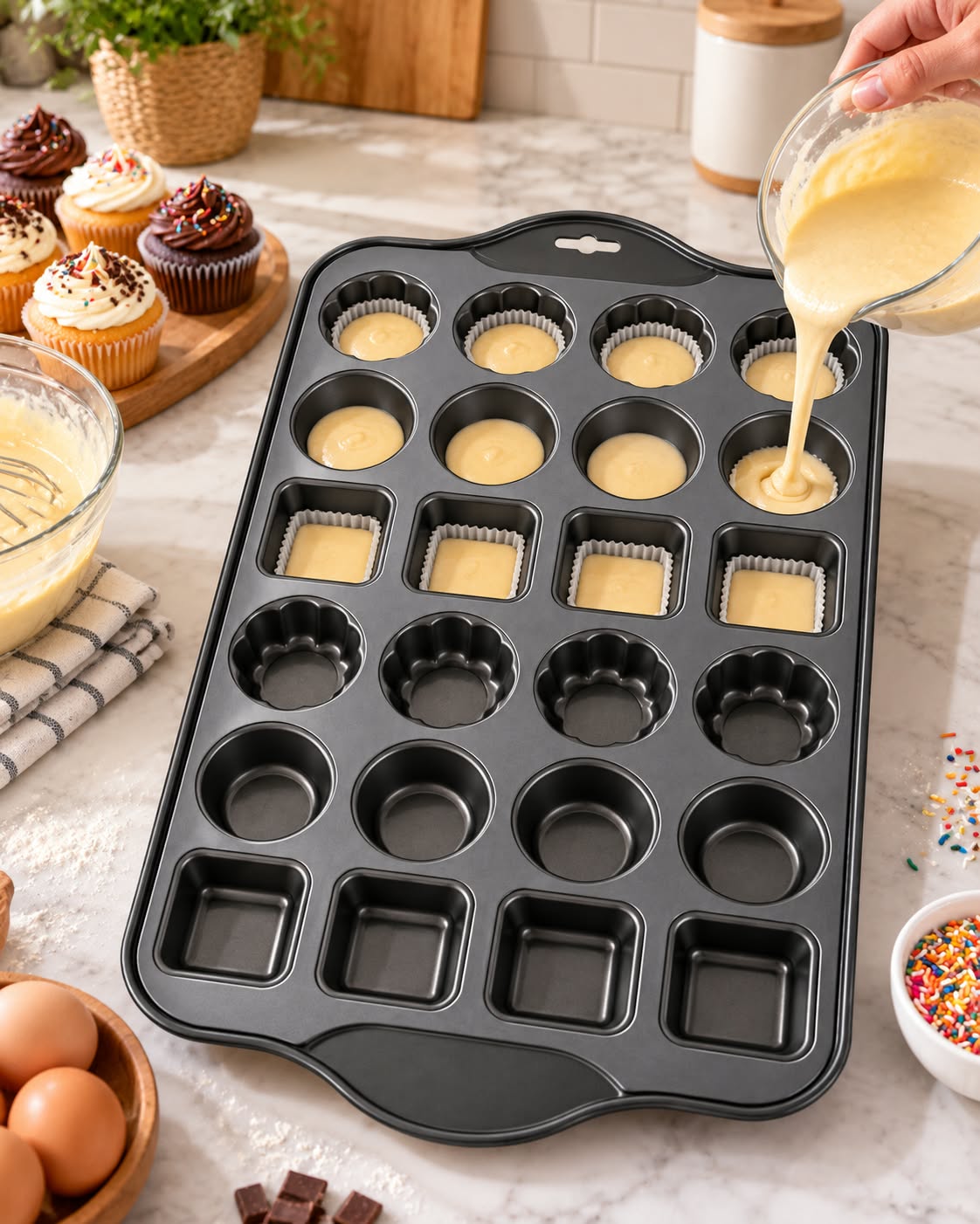 24-cavity non-stick mini baking pan in use with cupcake batter