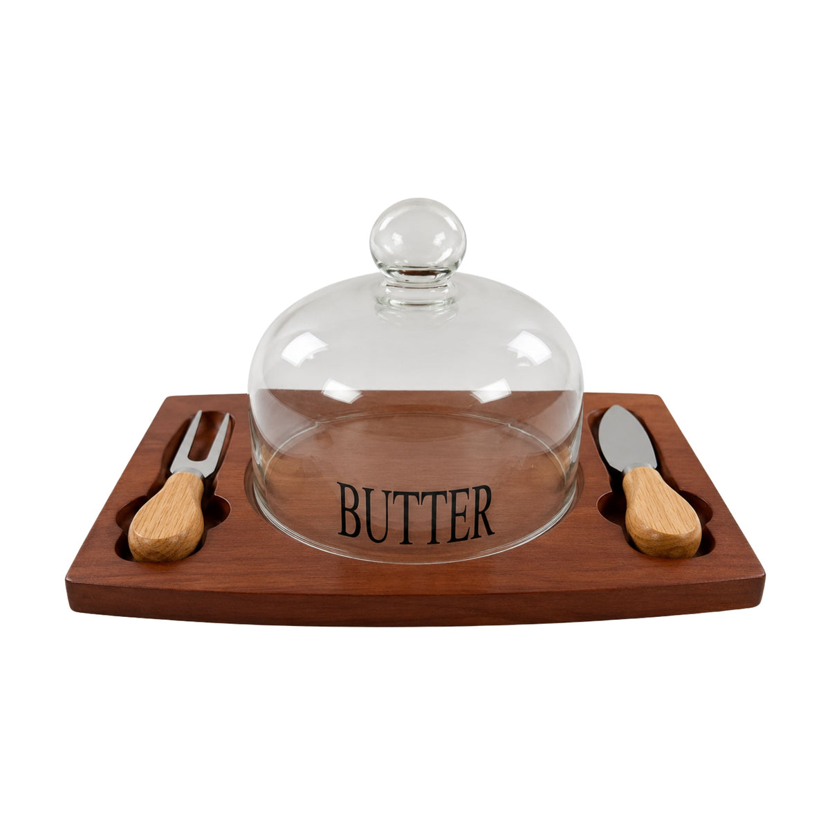 Round Bamboo Butter Dish with Glass Dome & 2 Serving Utensils