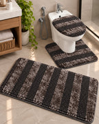 Brown 3-piece striped bathroom mat set