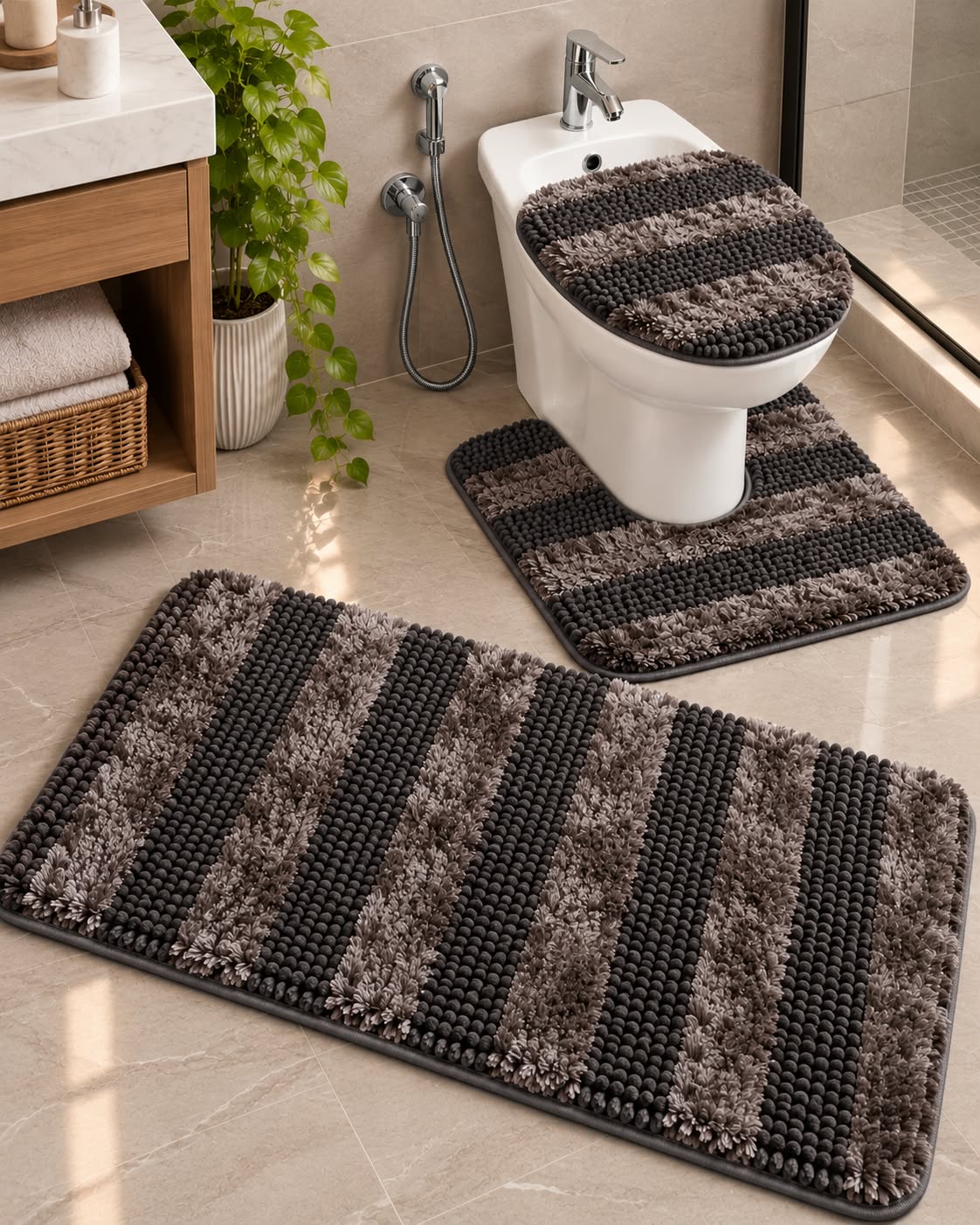 Brown 3-piece striped bathroom mat set