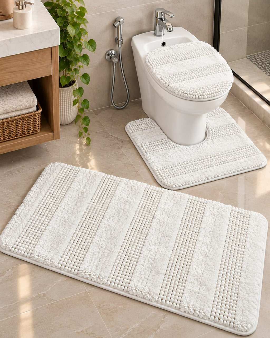 White 3-piece striped bathroom mat set