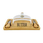 Bamboo Butter Dish with Clear Lid & 2 Serving Utensils