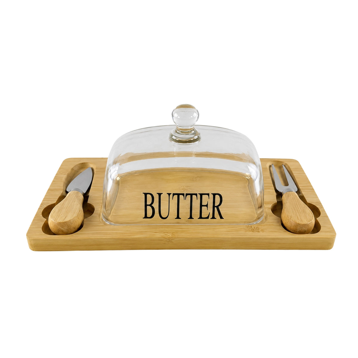 Bamboo Butter Dish with Clear Lid & 2 Serving Utensils