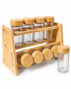 8-piece glass spice jar set with bamboo lids and rack