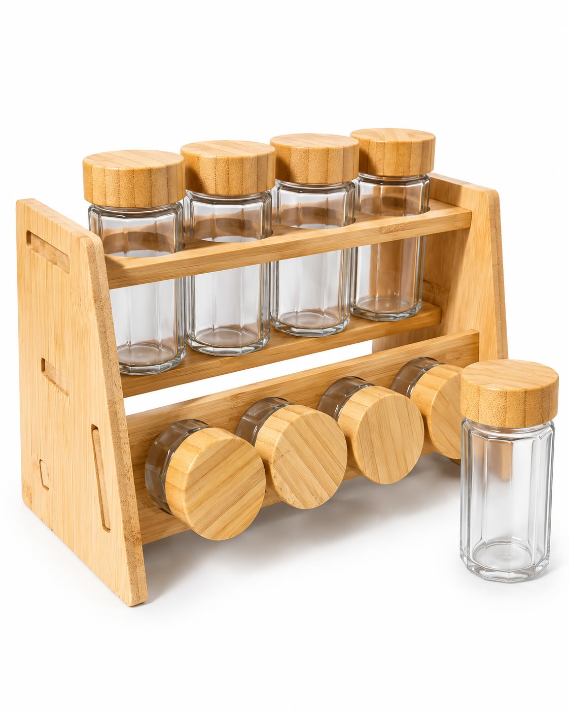 8-piece glass spice jar set with bamboo lids and rack