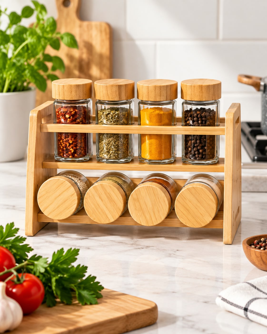 8-piece glass spice jar set with bamboo rack in kitchen