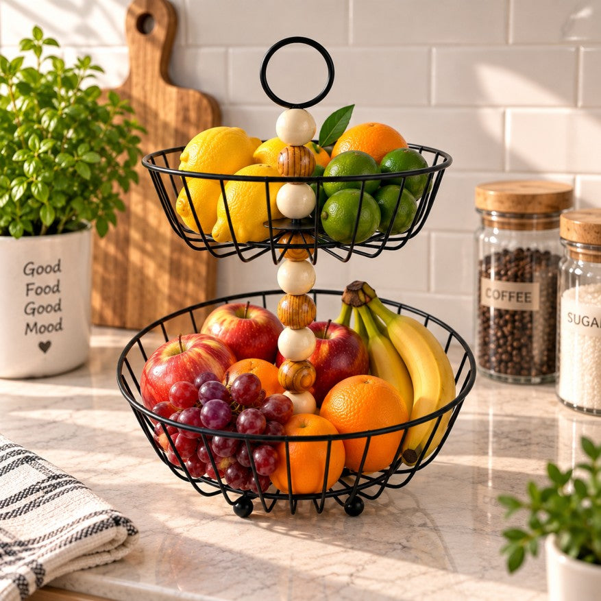 2-Tier Metal Fruit &amp; Serving Basket with Wooden Beads