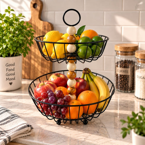 2-Tier Metal Fruit & Serving Basket with Wooden Beads