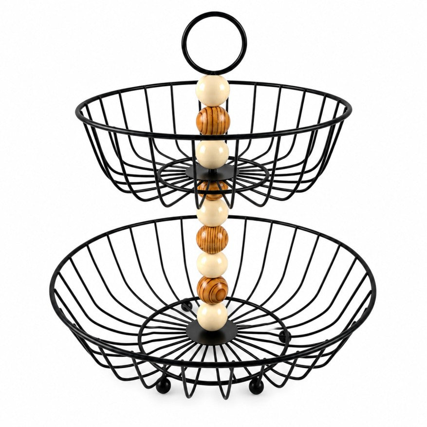 2-Tier Metal Fruit &amp; Serving Basket with Wooden Beads