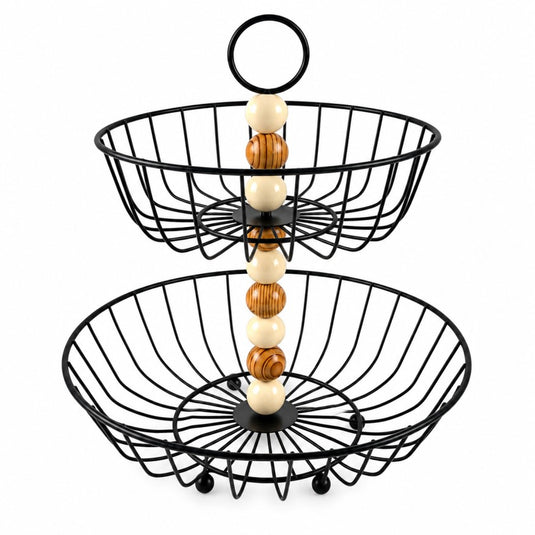 2-Tier Metal Fruit &amp; Serving Basket with Wooden Beads