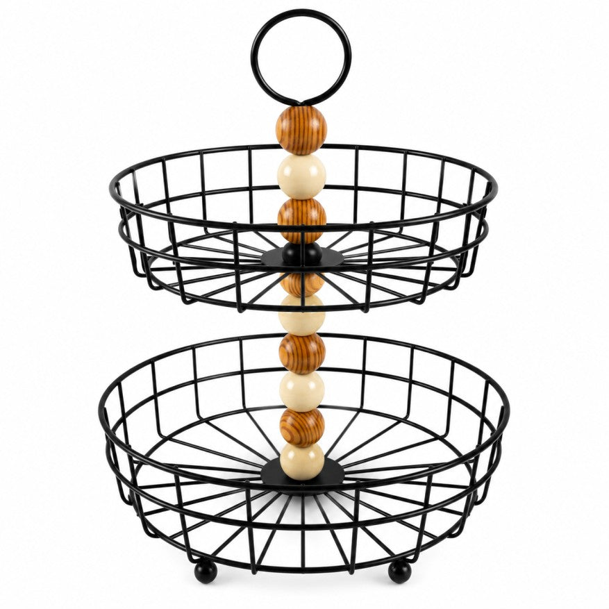 2-Tier Metal Fruit &amp; Serving Basket with Wooden Beads