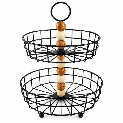 2-Tier Metal Fruit & Serving Basket with Wooden Beads
