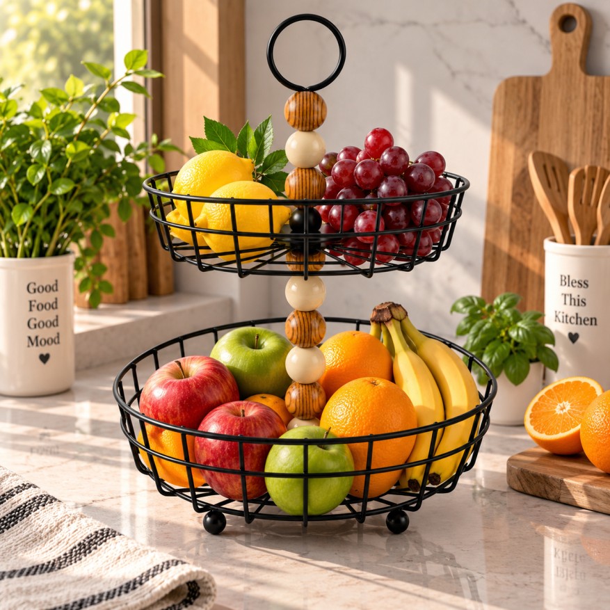 2-Tier Metal Fruit &amp; Serving Basket with Wooden Beads