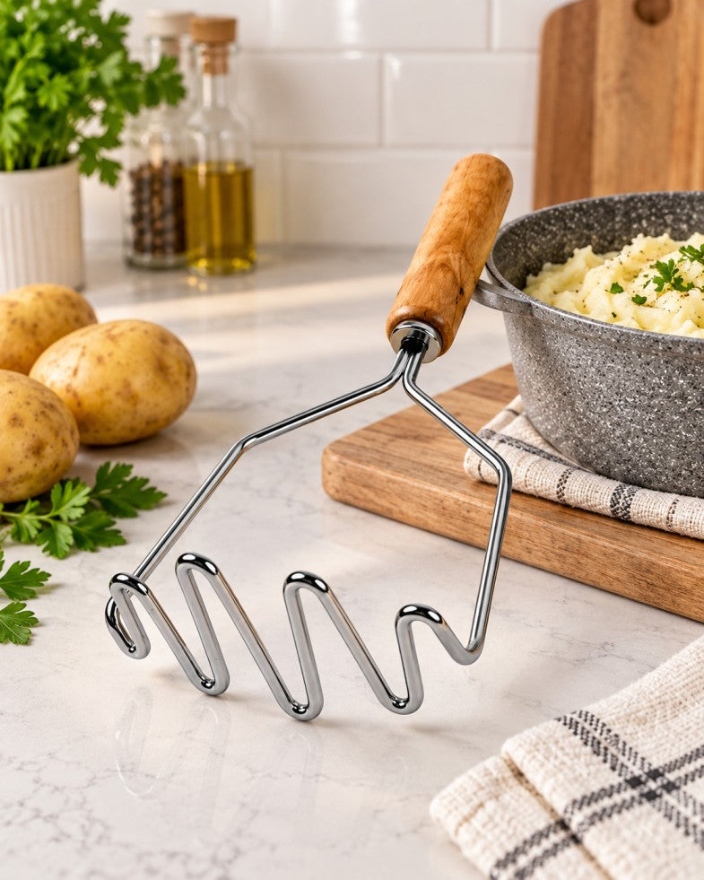 Stainless Steel Potato Masher with Wooden Handle