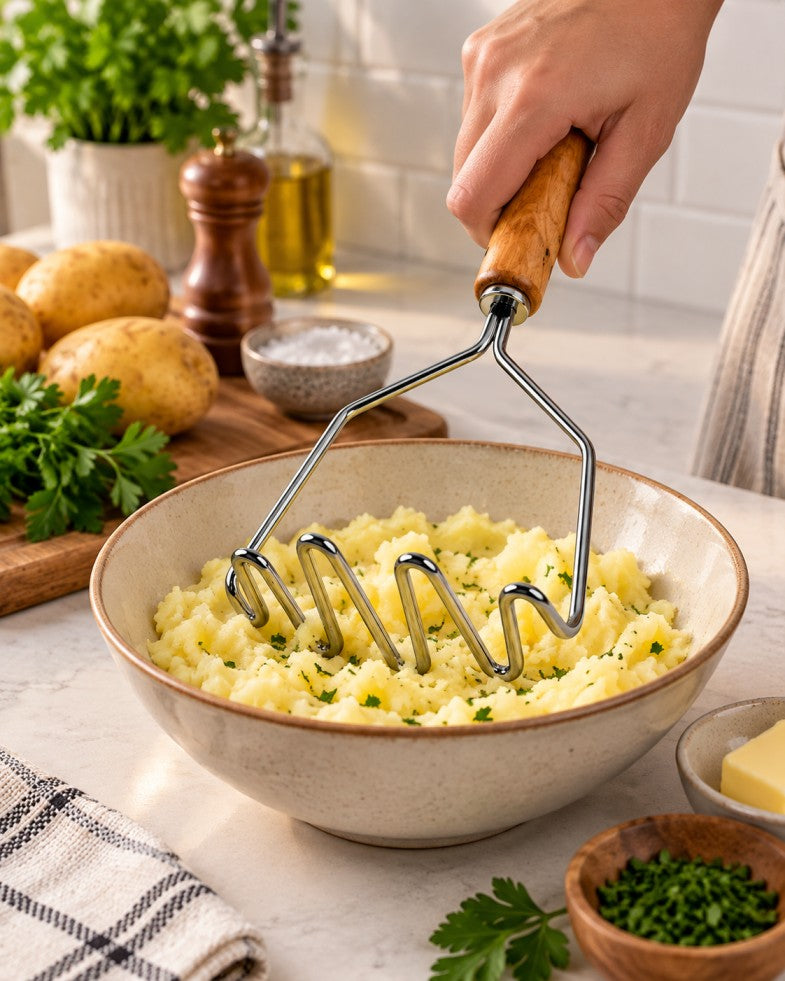 Stainless Steel Potato Masher with Wooden Handle