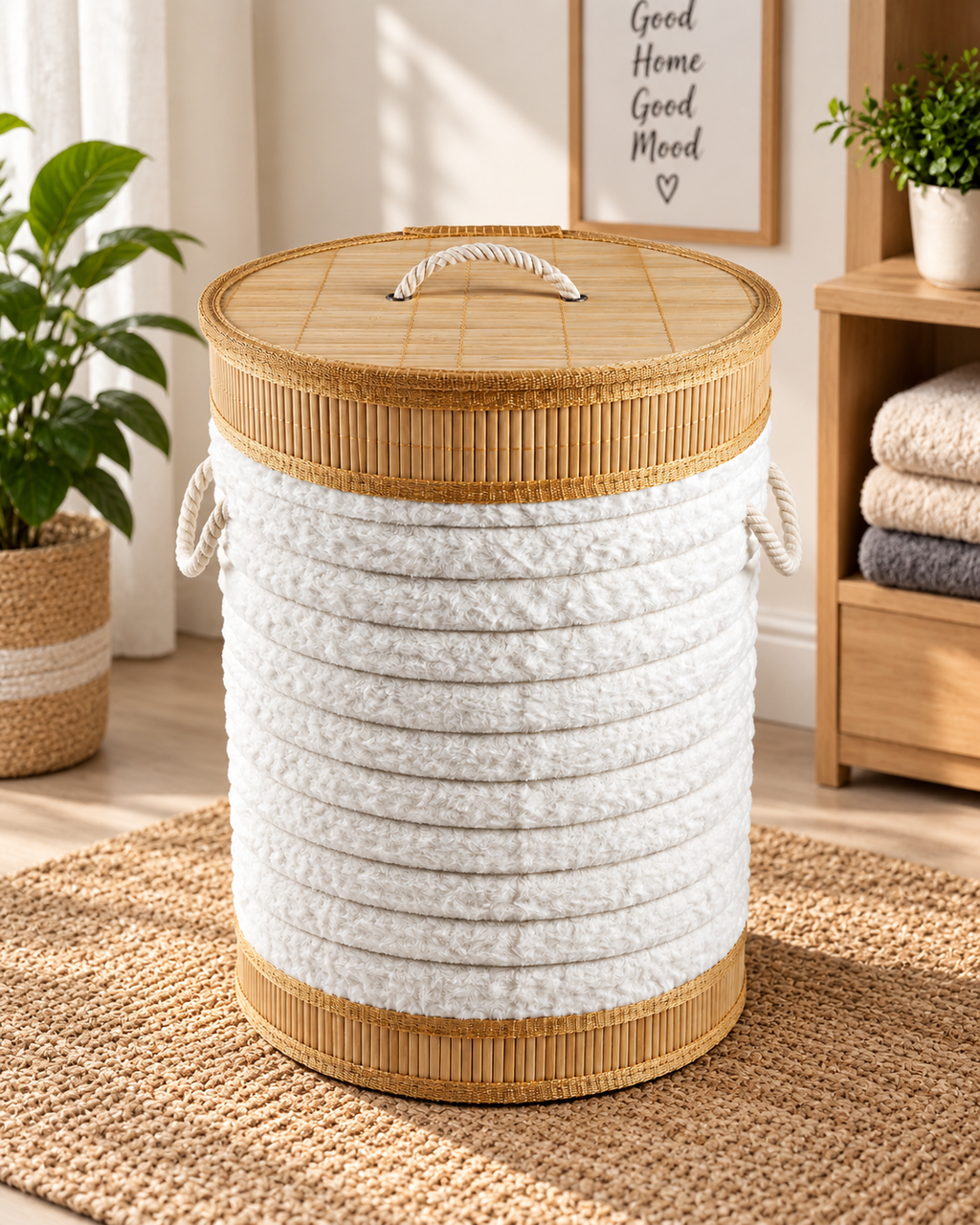 Bamboo-Trimmed Laundry &amp; Storage Basket with Lid - Round