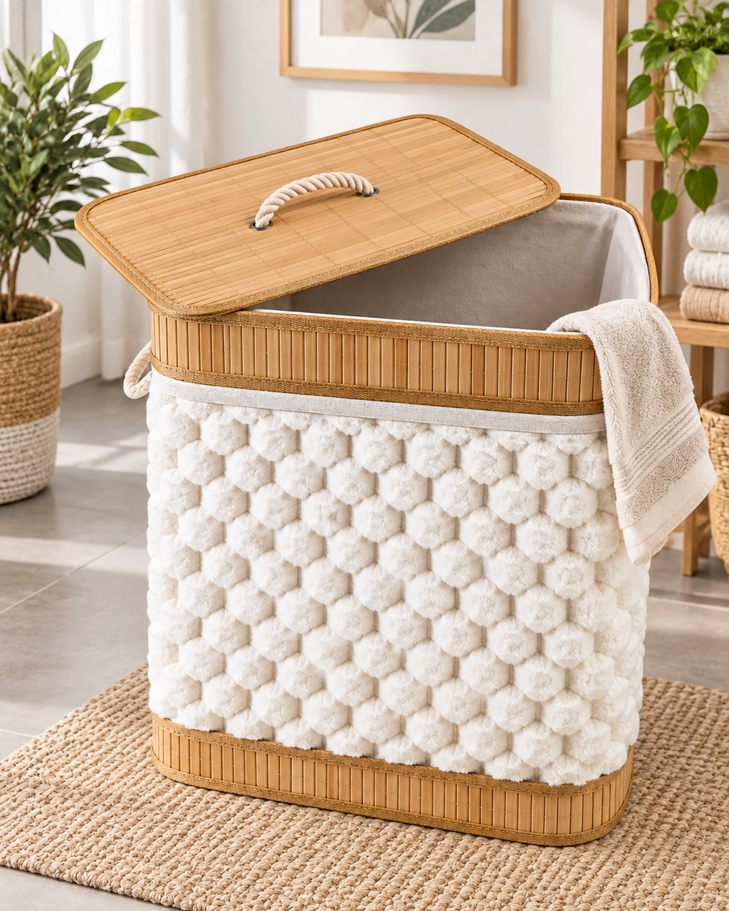Fluffy Bamboo-Trimmed Laundry Basket with Lid – Rectangle