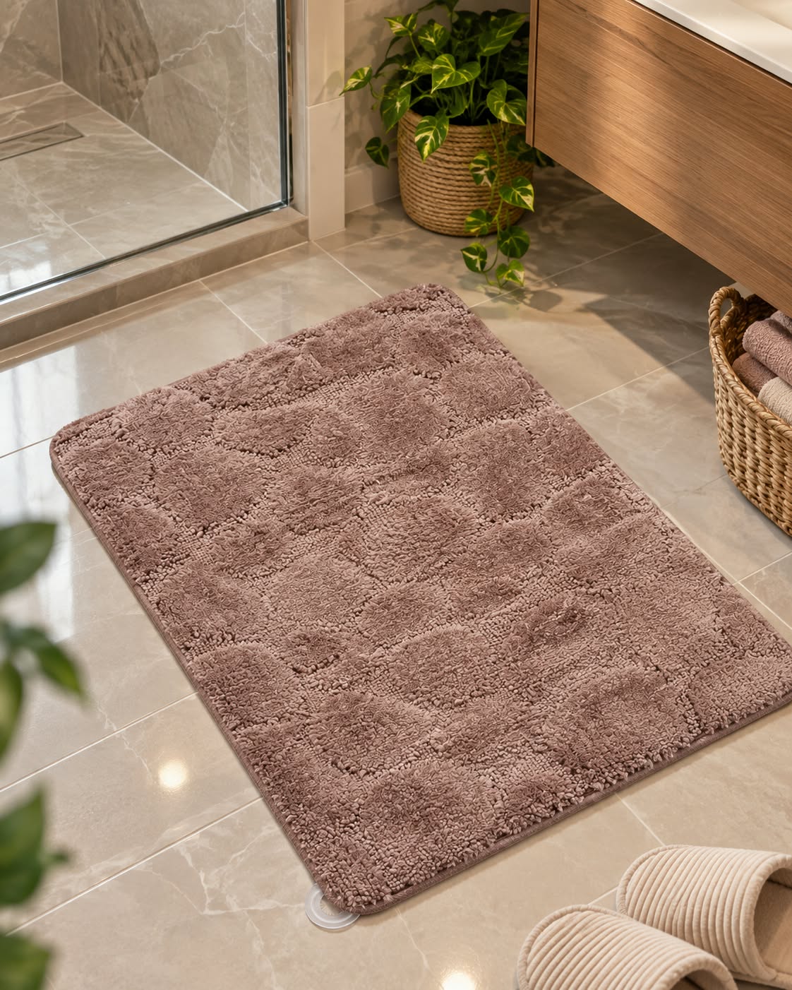 Brown cotton bath mat in bathroom