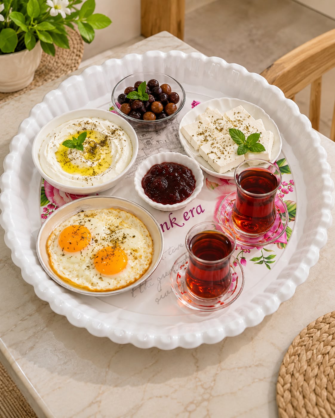 Pink Era melamine tray with breakfast serving scene