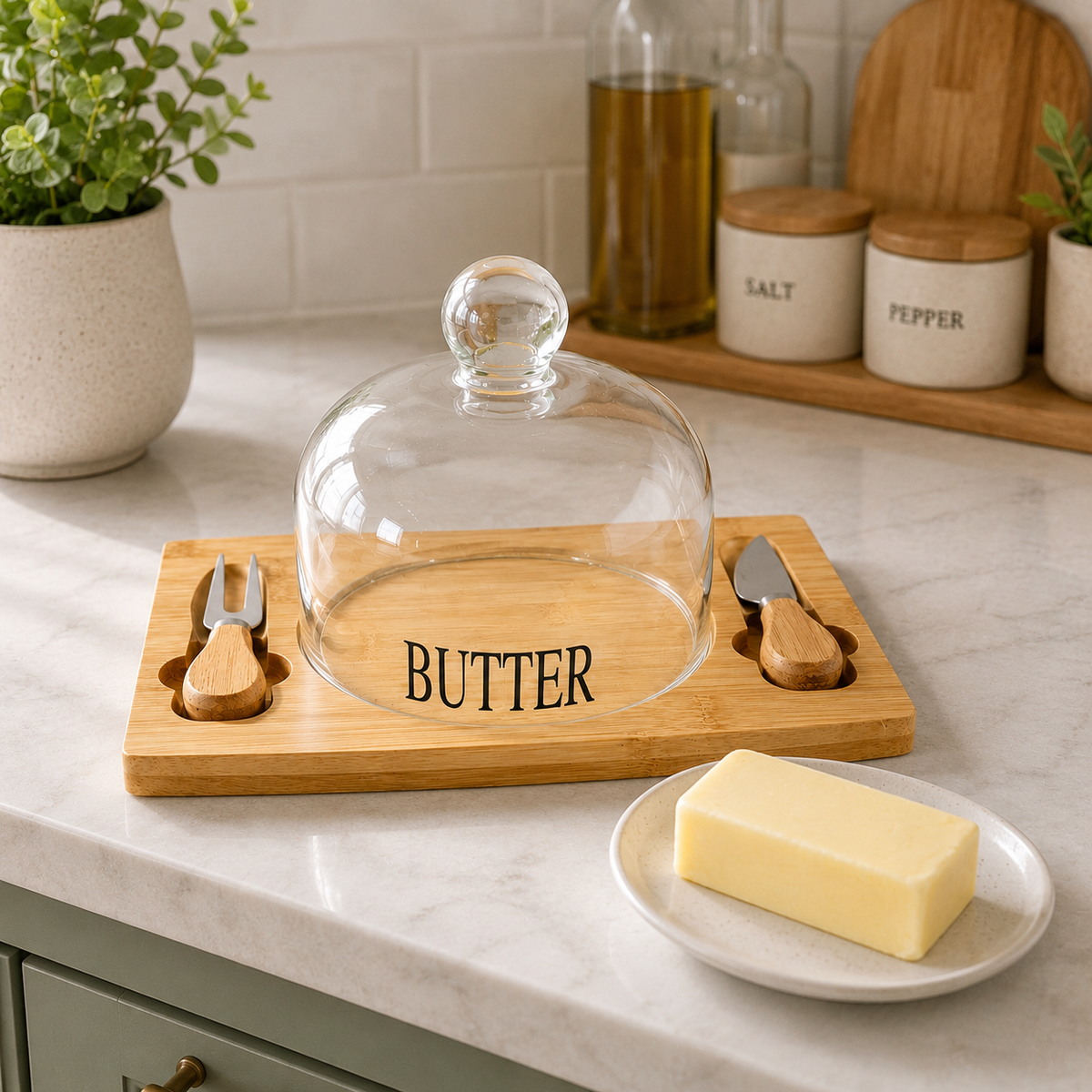 Round Bamboo Butter Dish with Glass Dome & 2 Serving Utensils
