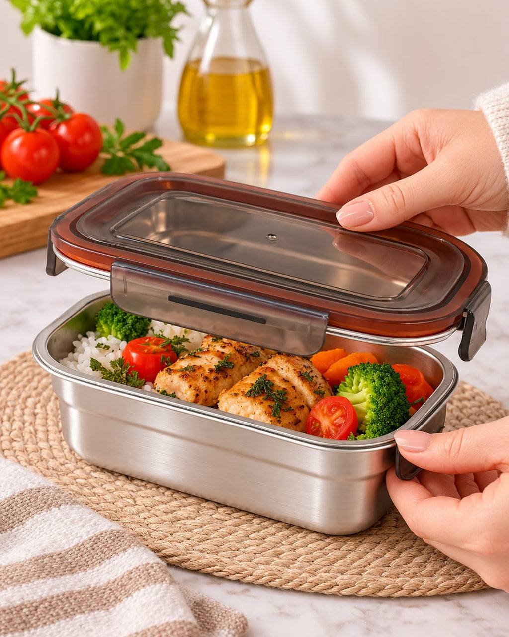 Stainless steel 304 food container 660ml in use HL122-4