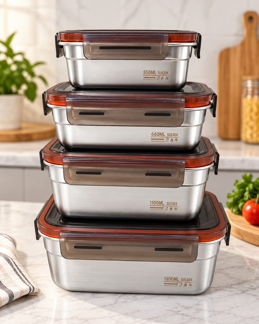 Stainless steel 304 food container set 550ml 660ml 1100ml 1900ml