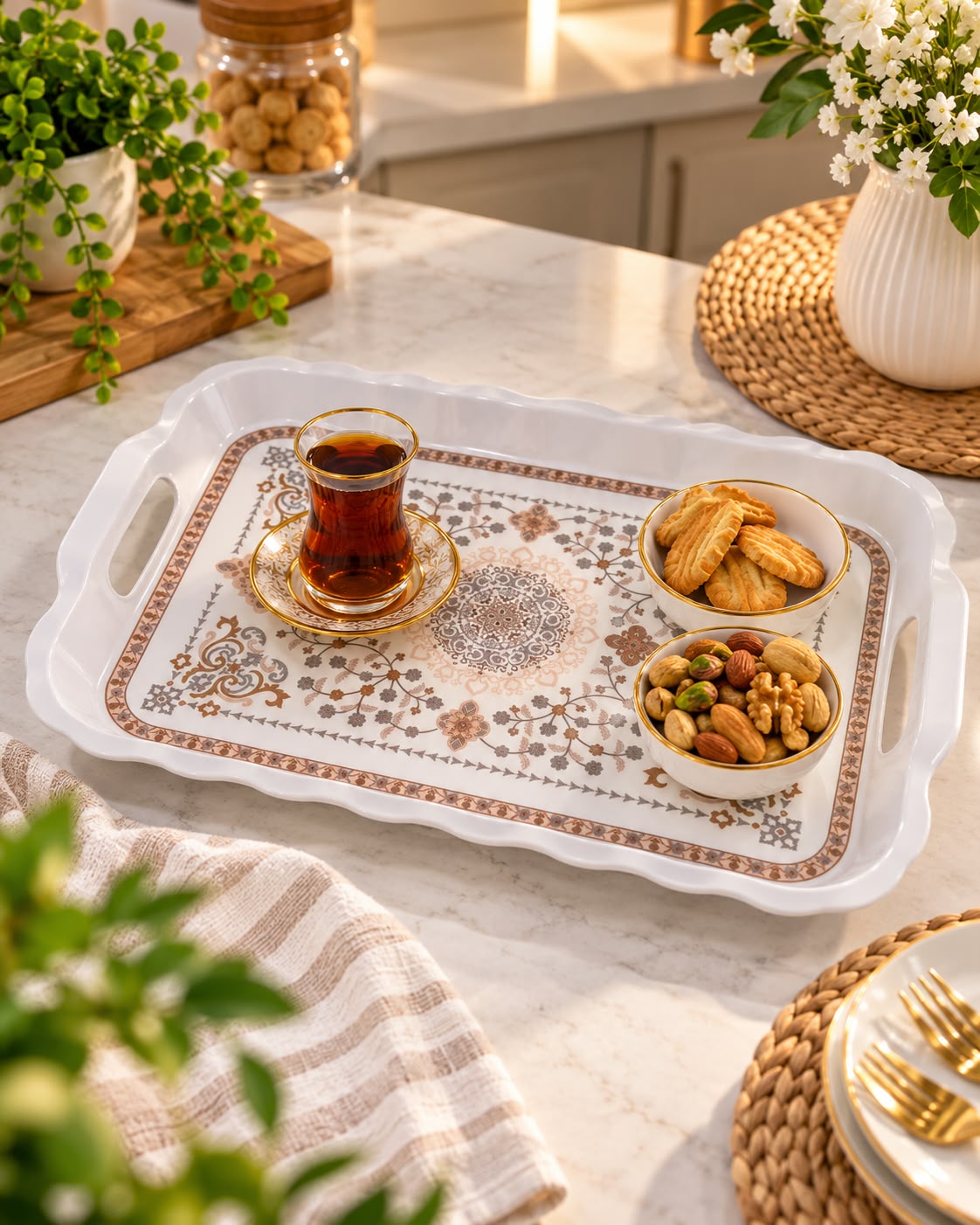 Classic ornamental melamine tray with tea