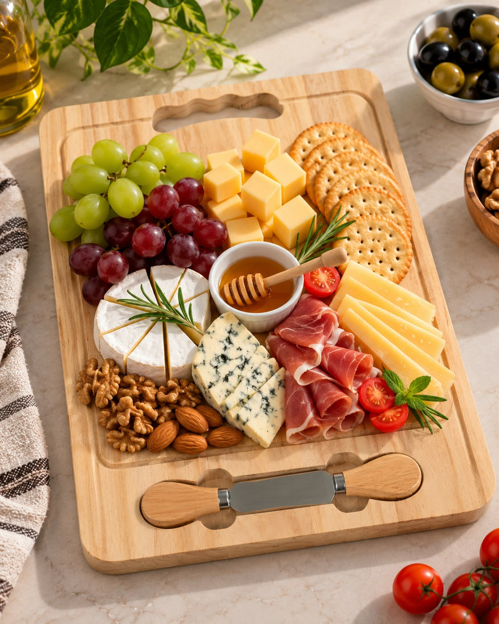Wooden cheese serving board with charcuterie