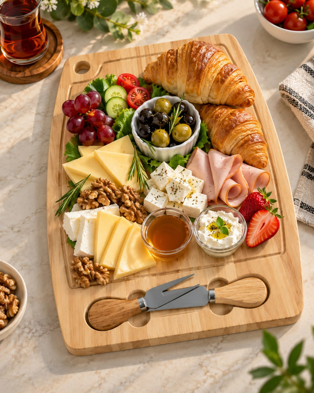 Wooden cheese serving board styled with pastries and cheese