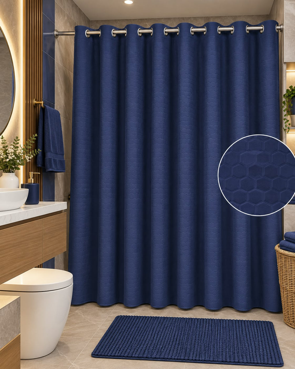 Navy blue honeycomb textured shower curtain