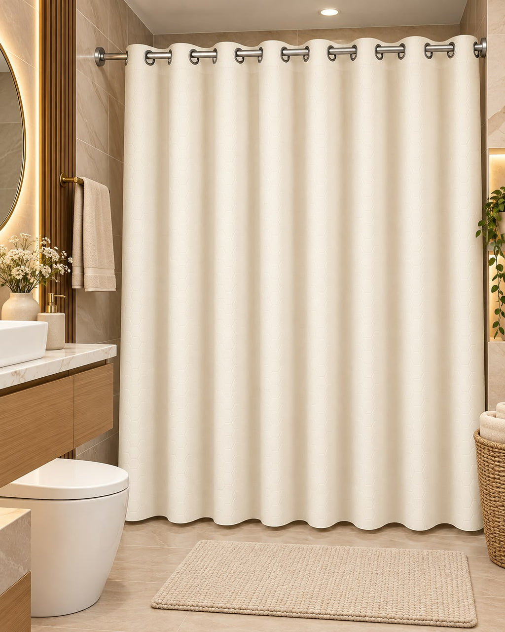 Cream honeycomb textured shower curtain