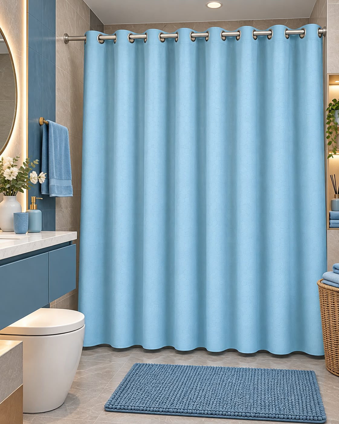Light blue honeycomb textured shower curtain