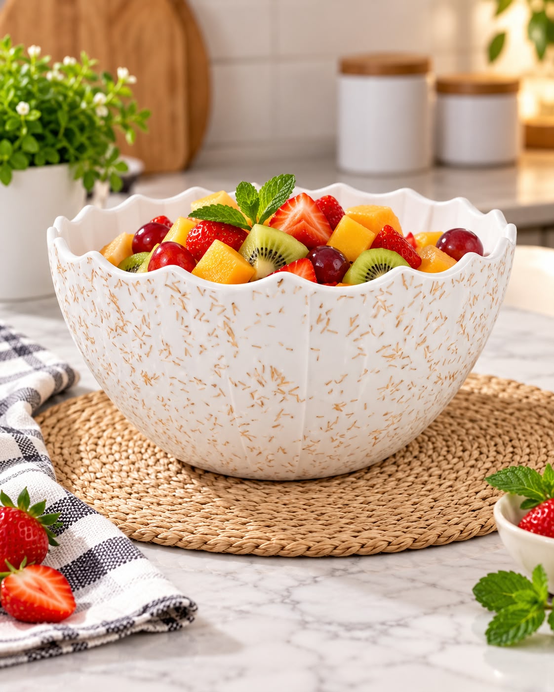 White salad bowl with fruit