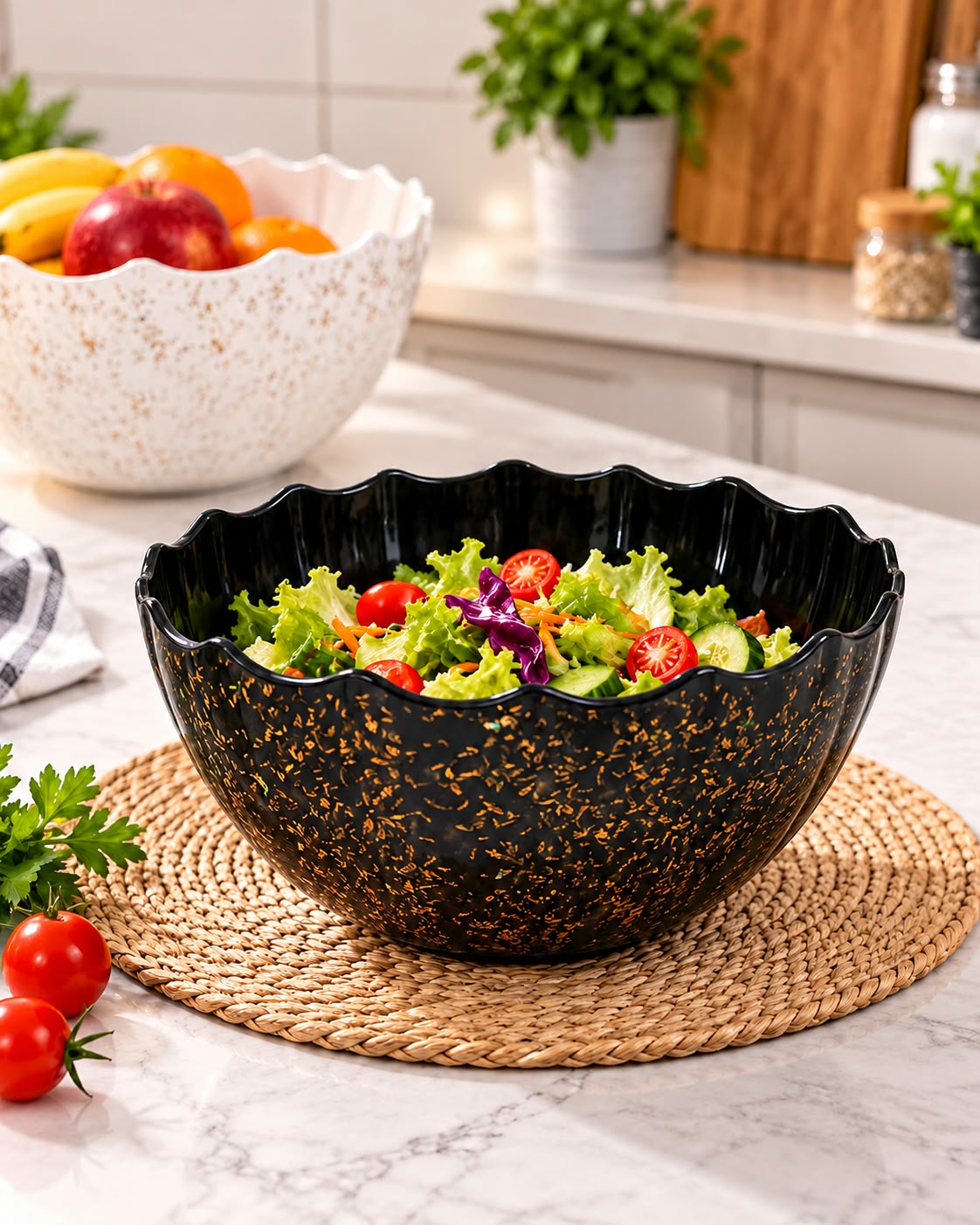 Black patterned melamine salad bowl with salad