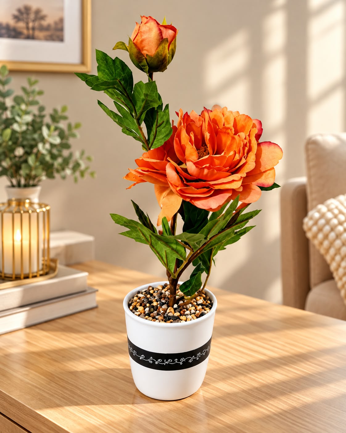 Artificial peony flower plant orange 38 cm