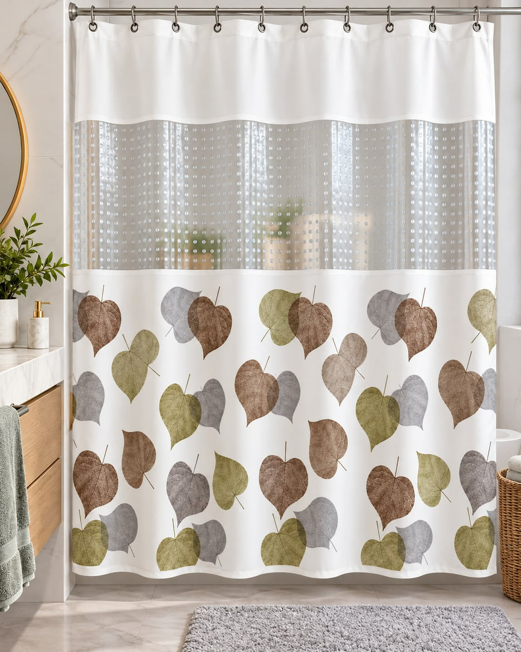 Autumn leaves printed shower curtain in bathroom