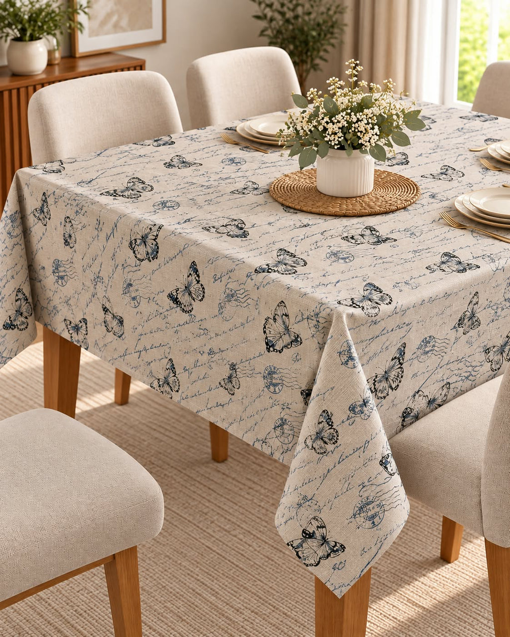 Beige butterfly tablecloth 140 x 180 cm dining table scene